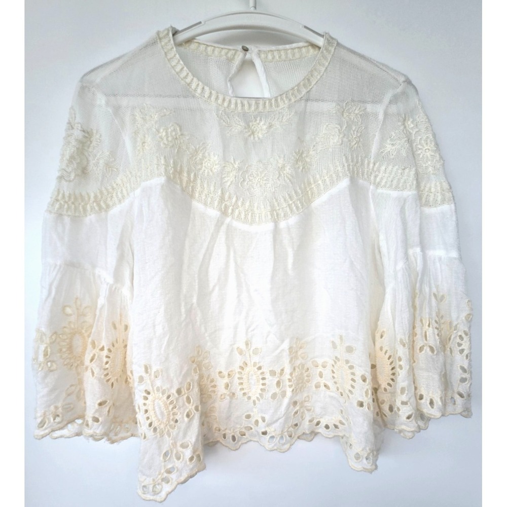 Ivory Lace Blouse W's Sz M Boho Mesh Emboidery Floral Sheer Bell Sleeves Boho